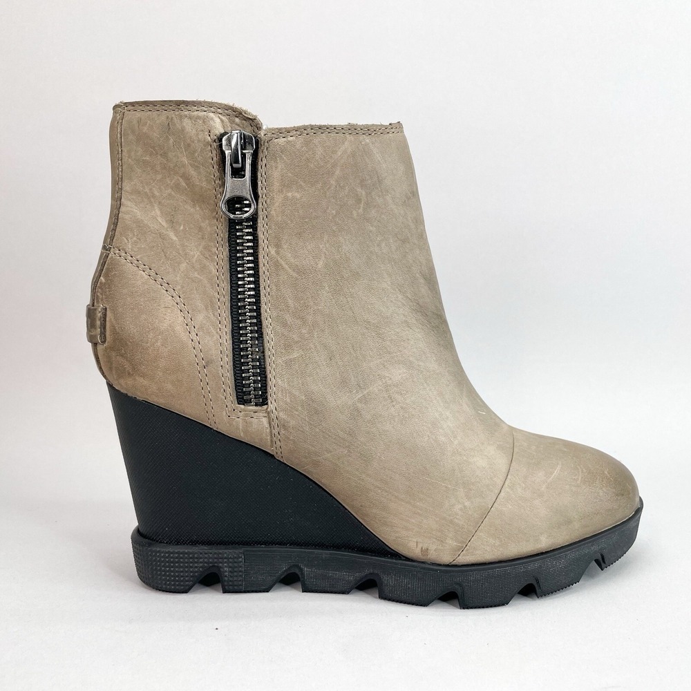 Sorel Boots Womens 7 Joan Uptown Zip Wedge Booties Distressed Gray Leather Heels - Picture 1 of 12